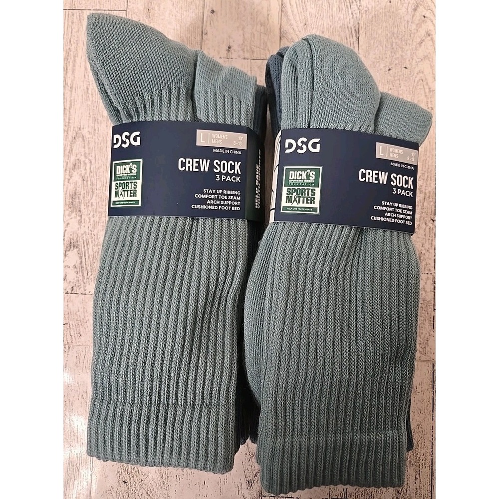 Crew Socks LARGE Unisex Arch Support 3pk Cushioned Footbed Green Blue Lot of 2